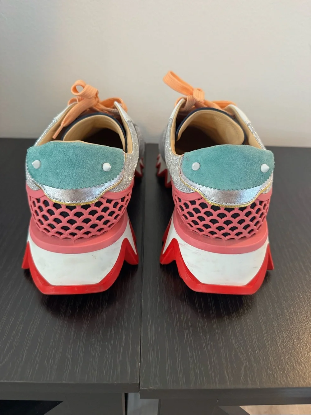 Christian Louboutin Men’s Loubishark CL Paris Sneakers White Turquoise Red (42)